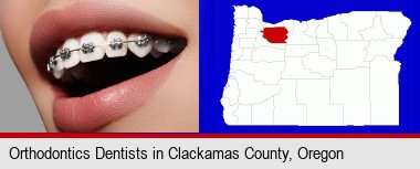 orthodontic braces; Clackamas County highlighted in red on a map