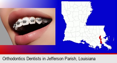 orthodontic braces; Jefferson Parish highlighted in red on a map