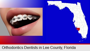 orthodontic braces; Lee County highlighted in red on a map
