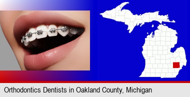 orthodontic braces; Oakland County highlighted in red on a map
