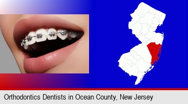 orthodontic braces; Ocean County highlighted in red on a map