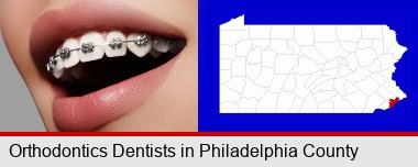 orthodontic braces; Philadelphia County highlighted in red on a map