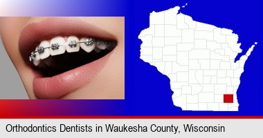 orthodontic braces; Waukesha County highlighted in red on a map
